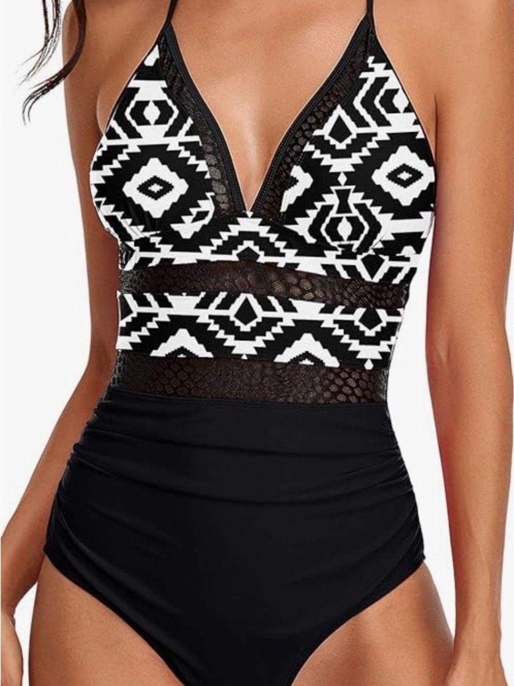 Womens Strappy Plunge Tummy Control Monokini One Piece Swimsuit Geometric Size L